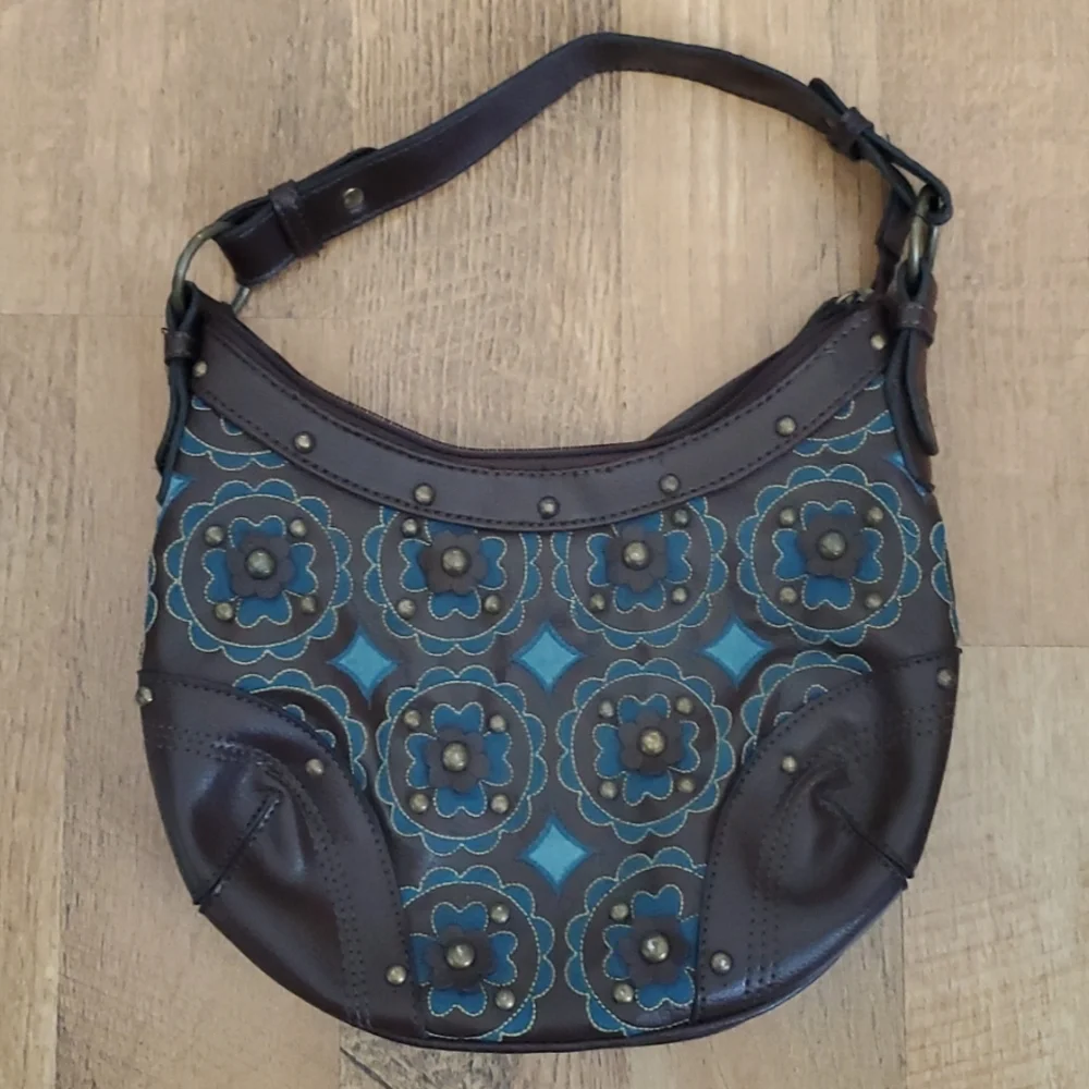 Vintage Brown Hobo Purse with‎ Turquoise Floral Embroidered Cutouts and Studs